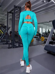 2pcs Sports Suits Long Sleeve Hollow Design Tops And Butt Lifting High Waist Seamless Fitness Leggings Sports Gym Sportswear Outfits Clothing